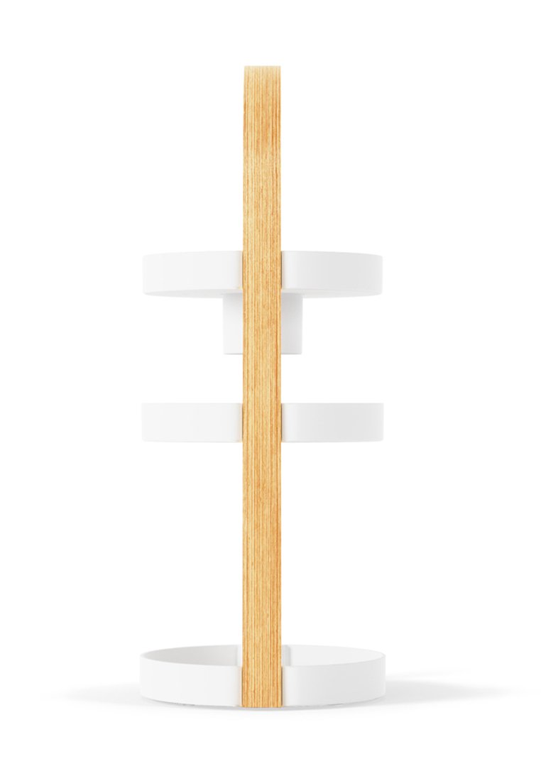 Weißer Holzständer mit runden Regalen und einem zentralen Stützpfosten aus natürlichem Eichenholz, der eine glatte Textur und ein sauberes Design aufweist.