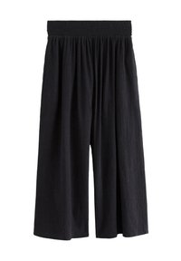 Culotte neri realizzati in tessuto testurizzato, con un design a gamba larga e una cintura elastica arricciata.