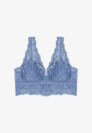 Blaues Spitz-Bralette mit Blumenmustern, gewellten Rändern und breiten Schulterträgern, flach auf einem weißen Hintergrund liegend.