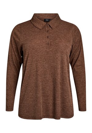Brown long-sleeve polo shirt in a textured knit fabric, featuring a collar and three front buttons. Loose fit with a rounded hem.
