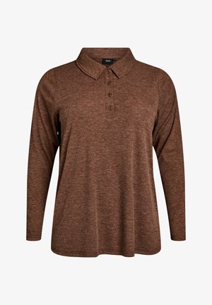 Brown long-sleeve polo shirt in a textured knit fabric, featuring a collar and three front buttons. Loose fit with a rounded hem.