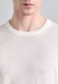 Helles beiges Pullover mit geripptem Rundhalsausschnitt, aus einem glatten Strickstoff, mit einer figurnahen Silhouette und subtiler Textur.