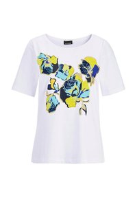 Witte T-shirt met korte mouwen, versierd met een bloemmotief in blauw, geel en zwart, met pailletten en omrand met goud.