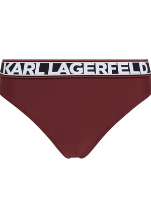 Bordový bikinový spodok s čierno-bielym elastickým pásom, na ktorom je výrazne potlačené "KARL LAGERFELD". Hladká, elastická tkanina.