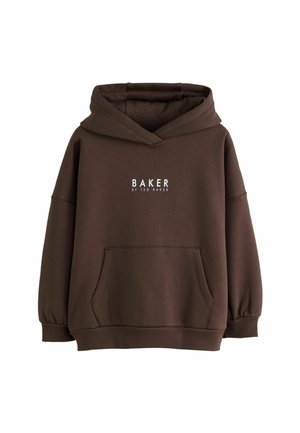 Brown hooded sweatshirt with front pocket and white text "BAKER BY TED BAKER" centered on the chest.