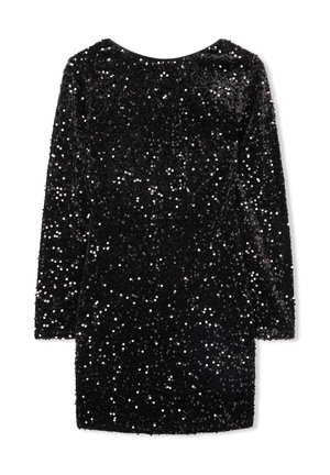 Abito nero con paillettes, maniche lunghe e scollatura rotonda, caratterizzato da una texture lucida e accenti in argento sparsi in tutto l'abito.