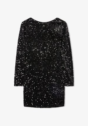 Abito nero con paillettes, maniche lunghe e scollatura rotonda, caratterizzato da una texture lucida e accenti in argento sparsi in tutto l'abito.