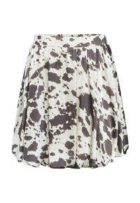 Brun og creme mønstret nederdel med en samlet talje og plisseret design. Lavet af et let, tekstureret stof.