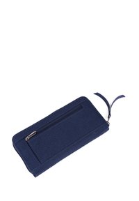 Navy blue wallet with a smooth texture, zip closure, and a front pocket. Features a loop for carrying. Made from durable fabric.