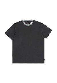 Black cotton t-shirt with short sleeves and a patterned round neck. Features a subtle brand tag at the hem for detail.