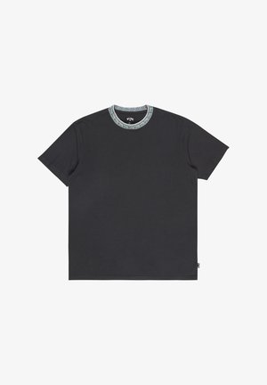Black cotton t-shirt with short sleeves and a patterned round neck. Features a subtle brand tag at the hem for detail.