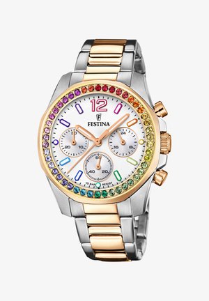 Orologio cronografo Festina con tonalità argento e oro, quadrante bianco, lunetta con cristallo multicolore e tre sotto-quadranti per la misurazione del tempo.