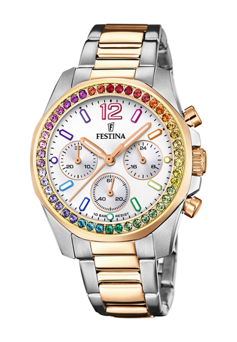 "Festina" chronografas su sidabro ir aukso tonu, balta skydeliu, daugiakristaliniu bezeliu ir trimis subskaitmenimis laikui sekti.