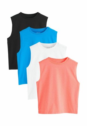 Vier mouwloze tops met ronde hals in zwart, blauw, wit en koraal, overlappend gerangschikt op een witte achtergrond.