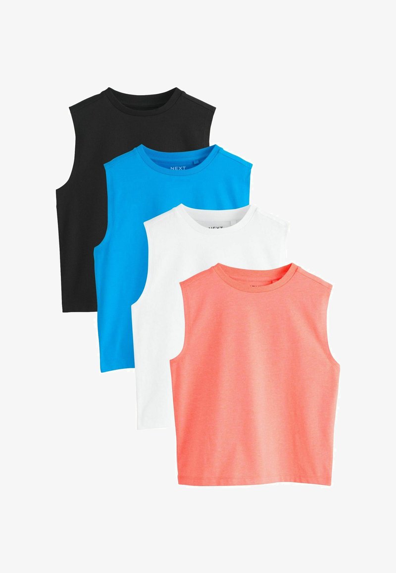 Quatre hauts sans manches à col rond en noir, bleu, blanc et corail, disposés en chevauchement sur un fond blanc.