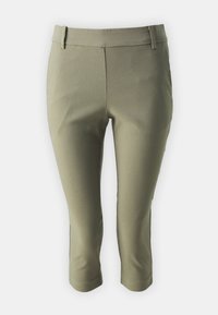 Olivově zelené zkrácené kalhoty z texturované tkaniny, s plochým pasem, bočními kapsami a prošitím na lemech.