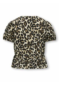 Lietusprinta īsām piedurknēm blūze krēmkrāsā, melnā un brūnā. Iezīmē pepluma apakšmalu un mīkstu audumu ar teksturētu apdari.