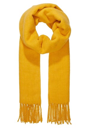 Écharpe tricotée jaune vif avec extrémités à franges, bouclée librement en haut sur fond blanc.