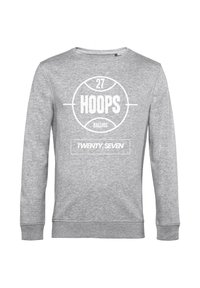 Grauer Pullover aus weichem Stoff, mit einem runden grafischen Design, das den Text "27 HOOPS BALLERS" und "TWENTY.SEVEN" in Weiß zeigt.