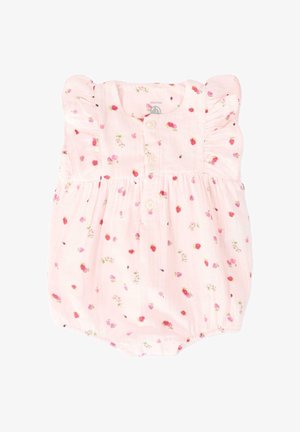 Roze babyromper met kleine rode aardbei- en bloemenprint, geplooide korte mouwen, knopen aan de voorkant en elastische ingezette pijpzomen.