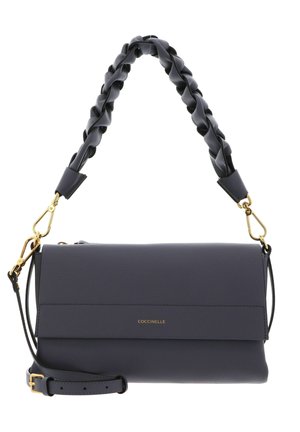 Dark blue leather handbag with braided shoulder strap, adjustable thin strap, gold clasps, and small gold brand name on front flap.