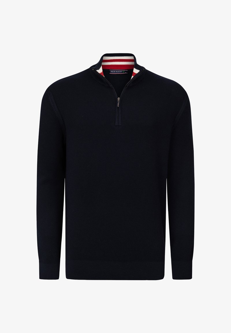 Marine gebreide trui met een half-rits kraag, voorzien van een gestreepte binnenkraag in rood en wit. Geweven stof en aansluitende mouwen.
