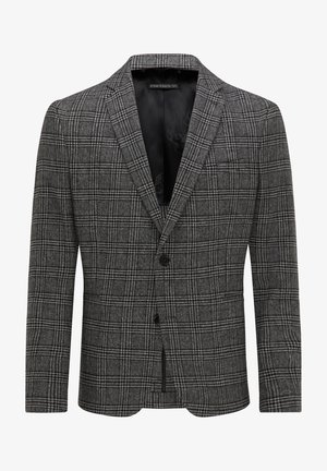 Szary marynarka w kratę wykonana z fakturowanej tkaniny, z klapami, z pojedynczym zapięciem na guzik oraz eleganckim, dopasowanym krojem.