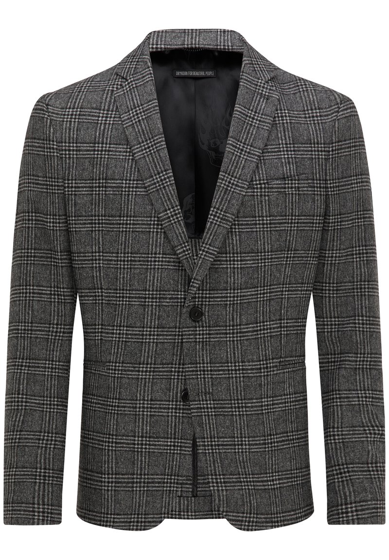 Szary marynarka w kratę wykonana z fakturowanej tkaniny, z klapami, z pojedynczym zapięciem na guzik oraz eleganckim, dopasowanym krojem.