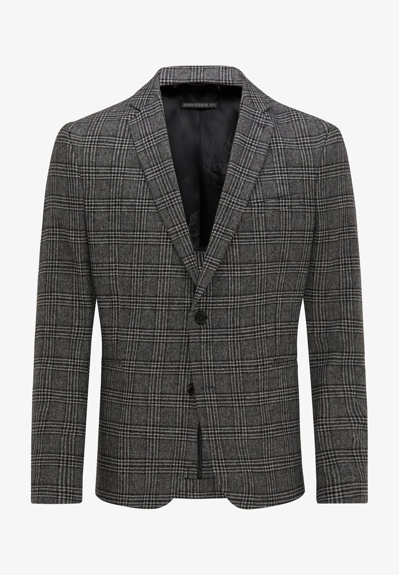 Grå rutigt kavaj i texturerad tyg, med slagkrage, enkel knappstängning och en elegant, skräddarsydd passform.