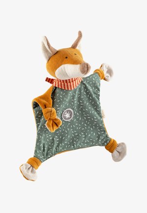 Soft fox comforter in orange and green fabric, featuring a patterned body, striped scarf, and knotted corners for gripping.