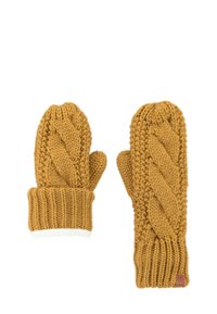 Gehaakte mosterdgele wanten met een kabelpatroon. Beschikt over een geribbelde boord en een zachte witte voering. Duurzaam en warm.