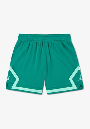 Turkis basketball-shorts med lysegrøn kant og Jumpman-logoer på begge sider, med elastisk taljebånd og ribbet tekstur.