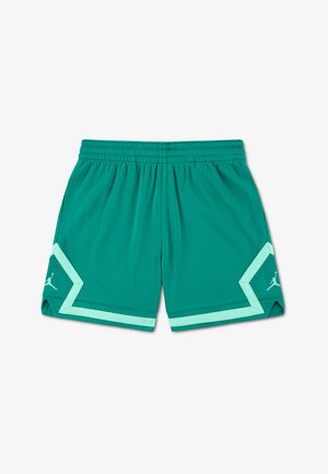 Blågrønne basketballshorts med lys grønn kant og Jumpman-logoer på begge sider, med elastisk midjebånd og ribbet tekstur.