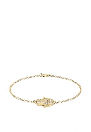 Pulsera delicada de cadena dorada con un colgante central de mano de Hamsa adornado con pequeñas piedras preciosas transparentes y cierre de mosquetón.