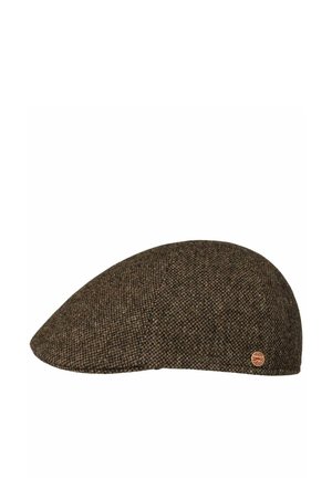 Brown tweed flat cap with subtle check pattern and a small circular brand emblem on the side.