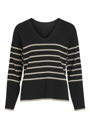 Maglione nero a V con maniche lunghe, caratterizzato da strisce orizzontali color crema. Texture a maglia, vestibilità comoda e polsini e orlo a coste.