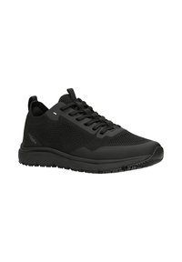 Black athletic shoes with a mesh upper, rubber sole, and flat laces. The design features a structured shape and textured accents.
