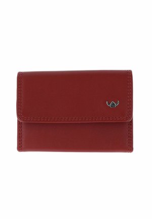 Compact red leather wallet with stitched edges and a small black and silver emblem on the front flap.
