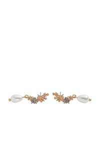 Gold-tone earrings featuring floral accents in pink and blue, with white pearl teardrop details. Delicate design with a textured finish.