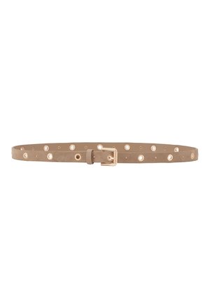 Beige suede belt with multiple metal eyelets and a square gold-tone buckle laid flat against a white background.