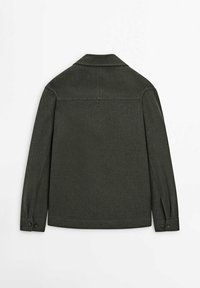 Donkergroene overhemdjas, gemaakt van een gestructureerde stof, met een klassieke kraag, lange mouwen en manchetten met knopen. Heeft een strak, minimalistisch ontwerp.