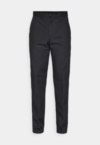 Black trousers made of smooth fabric, featuring a straight-leg design, button closure, and a single side pocket. Plain texture without patterns.