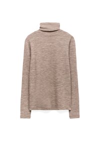 Brązowy sweter typu golf z długim rękawem, o textured, heathered wzorze; luźny krój i miękka tkanina.