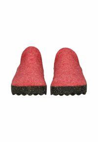 Par af røde filt slip-on tøfler med sort spraglet gummisål, set frontalt på en hvid baggrund.