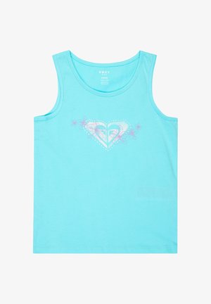 Turquoise mouwloos meisjes top met ronde halslijn en een bloemachtig hartmotief in wit en paars op de borst.