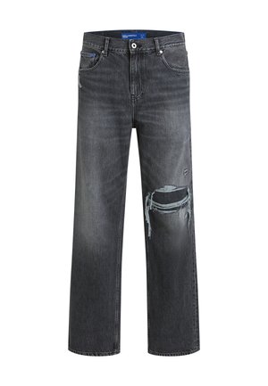 Jeans de denim preto com um ajuste descontraído, apresentando detalhes desgastados e uma perna larga. A textura é suave com um desbotamento sutil.