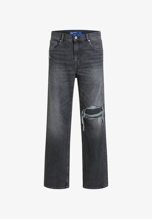 Jeans de mezclilla negra con un corte relajado, que presentan detalles desgastados y pierna ancha. La textura es suave con un ligero desvanecimiento.