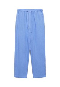 Světlé modré lněné kalhoty s elastickým pasem, detaily se stahovací šňůrkou a zúženými nohavicemi. Hladká textura a délka nad kotníky.