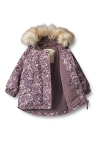Lila floral gemusterte Jacke mit Kunstfellkapuze, Druckknopfverschluss und weichem Fleece-Futter. Zwei Vordertaschen; gestepptes Design erhöht die Wärme.