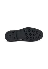 Sole in gomma nera con superficie liscia e motivi di presa circolari. Presenta una punta arrotondata e un leggero arco per il supporto.